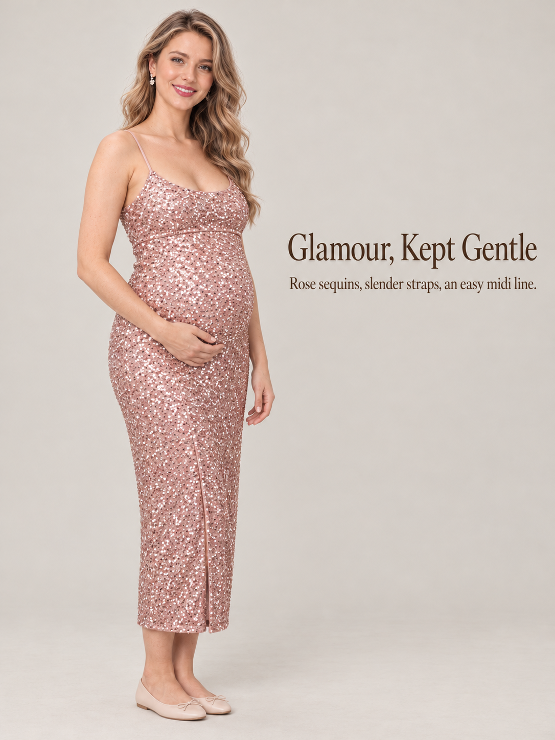 Bianca Dusty Rose maternity dress — standing portrait with slender straps and midi line