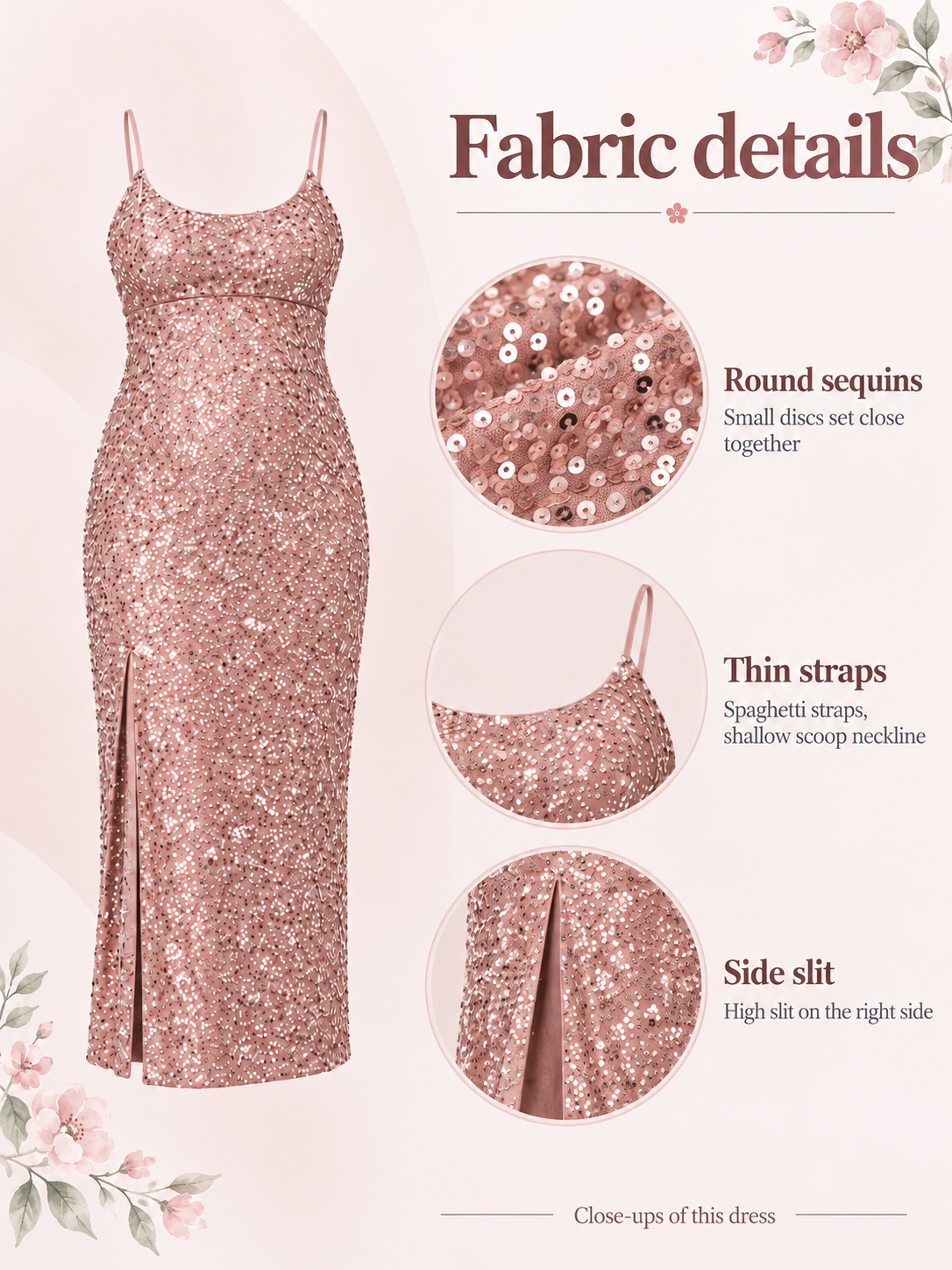 Bianca Dusty Rose maternity dress — material guide showing the round sequins, thin straps and side slit