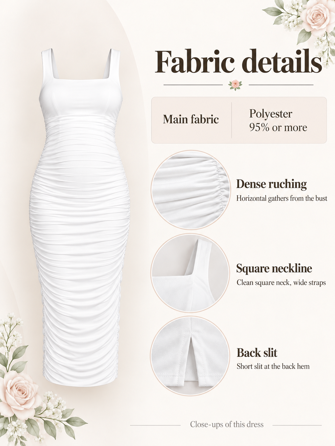 Leonie White maternity dress — material guide showing the dense ruching, square neckline and wide straps