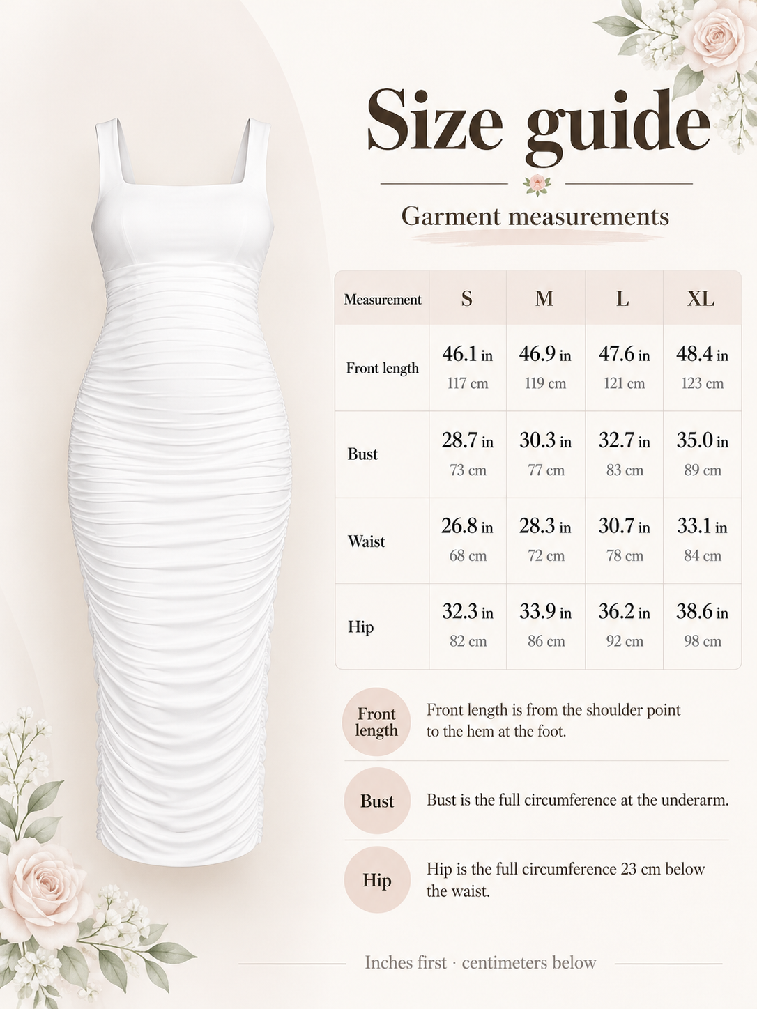 Leonie White maternity dress — size guide with S to XL garment measurements in inches and centimeters