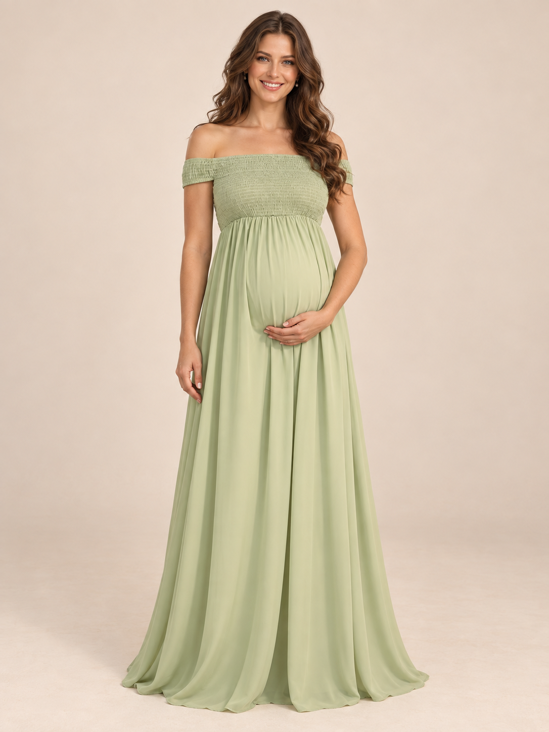 Iris Sage Green maternity dress — front view with off-the-shoulder shirred bodice and chiffon maxi skirt
