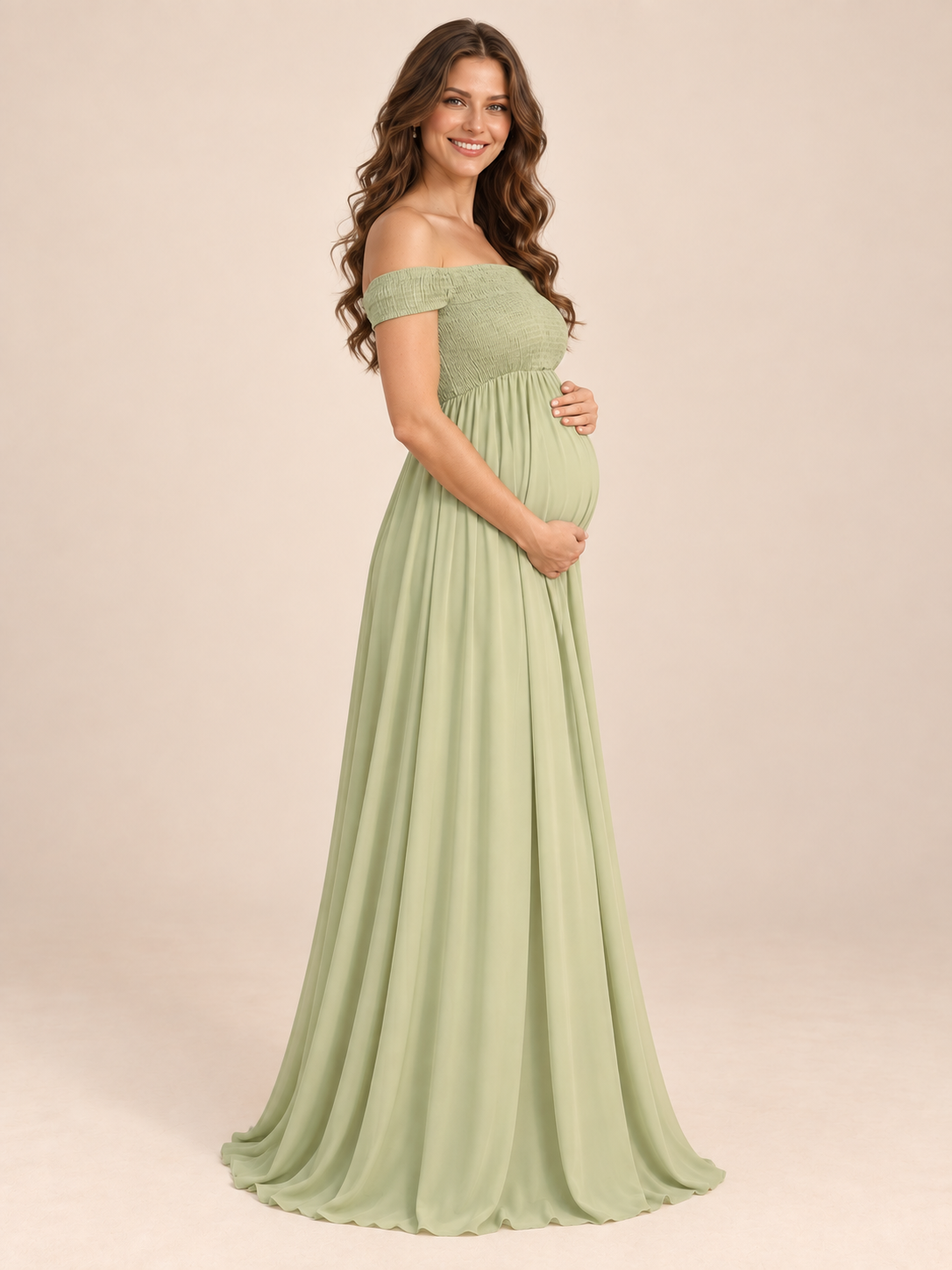Iris Sage Green maternity dress — side view of the high waist and maternity silhouette