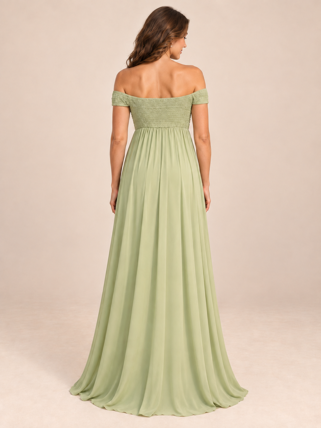 Iris Sage Green maternity dress — back view of the shirred bodice and floor-length skirt
