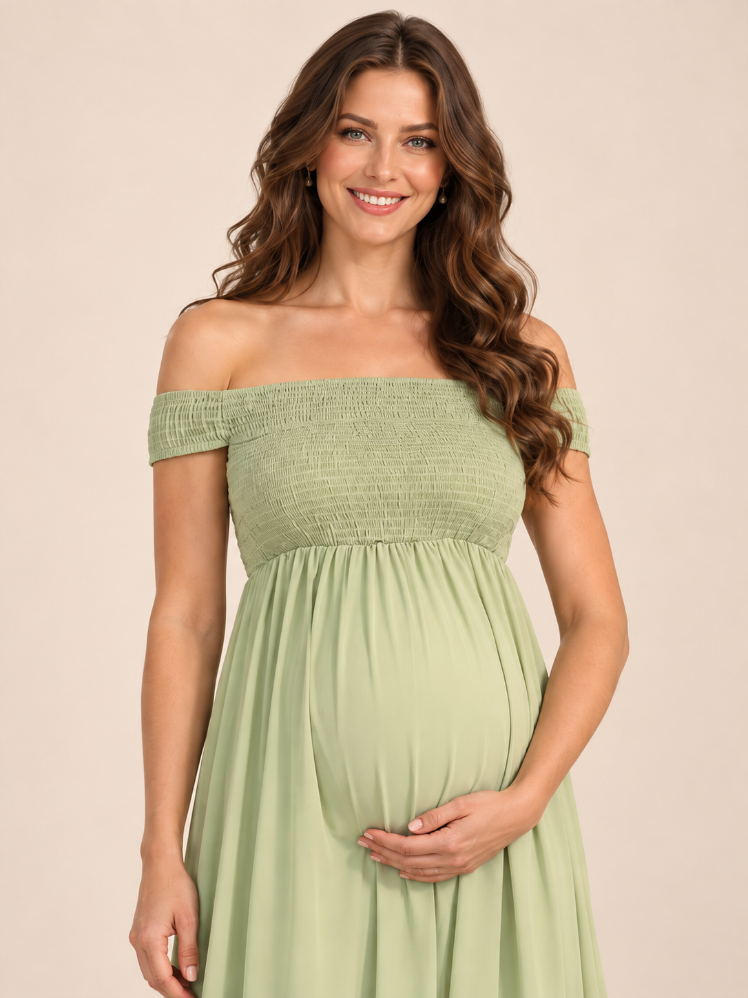 Iris Sage Green maternity dress — off-the-shoulder neckline and shirred bodice close-up