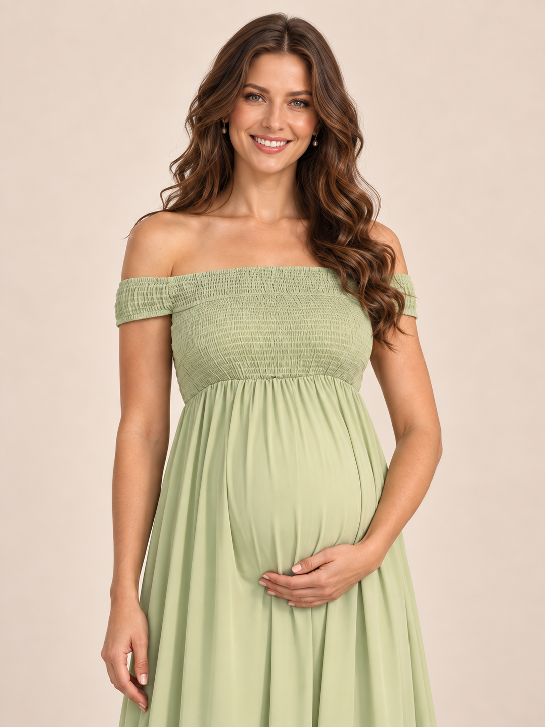 Iris Sage Green maternity dress — short off-the-shoulder sleeve and upper bodice detail