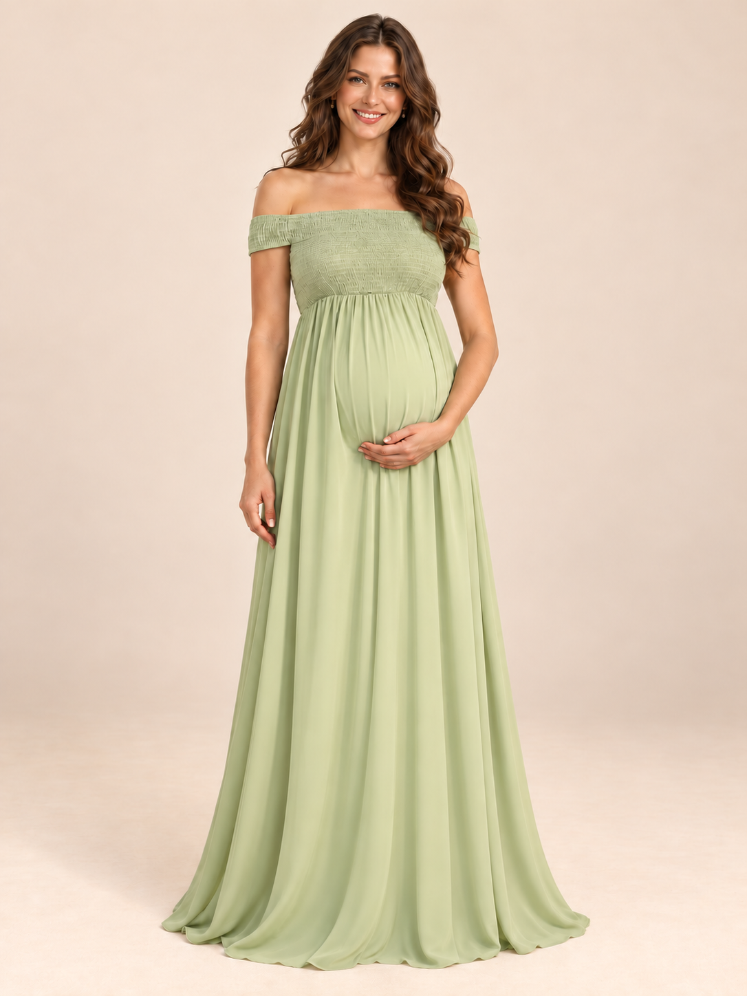 Iris Sage Green maternity dress — floor-length chiffon skirt and hem detail