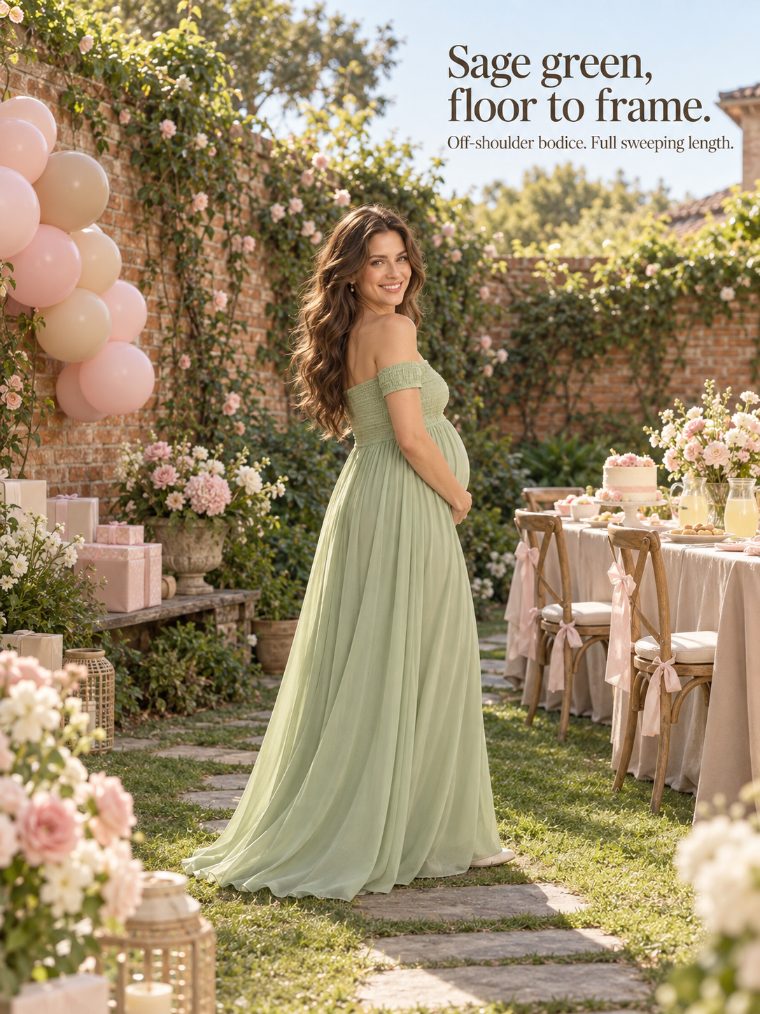 Iris Sage Green maternity dress — full silhouette on a garden path