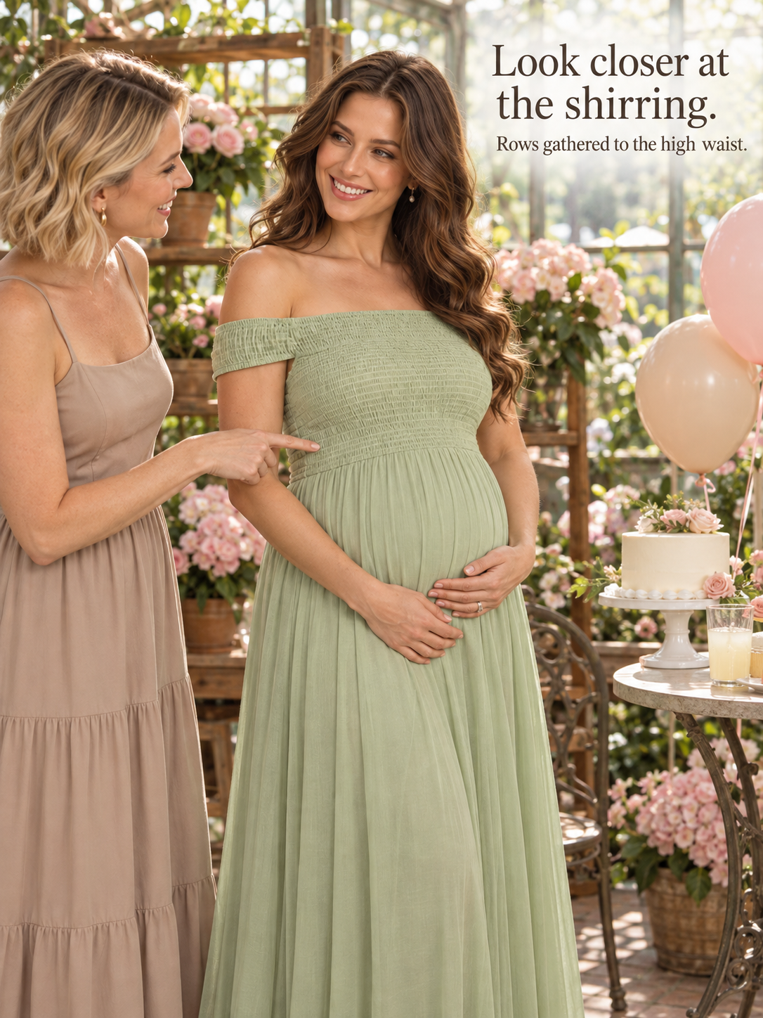 Iris Sage Green maternity dress — rows of shirring gathered to the high waist