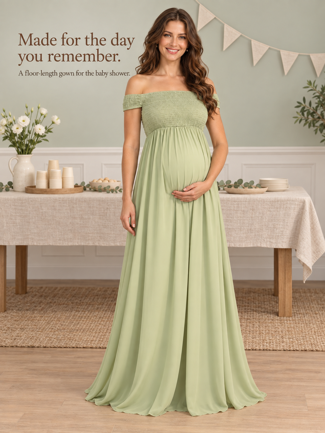Iris Sage Green maternity dress — baby shower portrait beside a decorated table