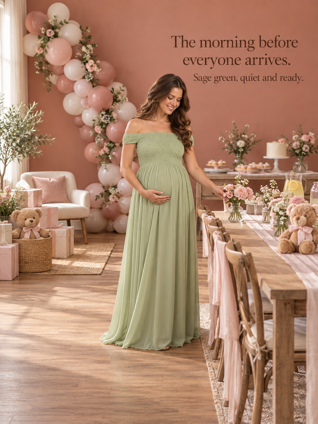 Iris Sage Green maternity dress — preparing the baby shower table before guests arrive