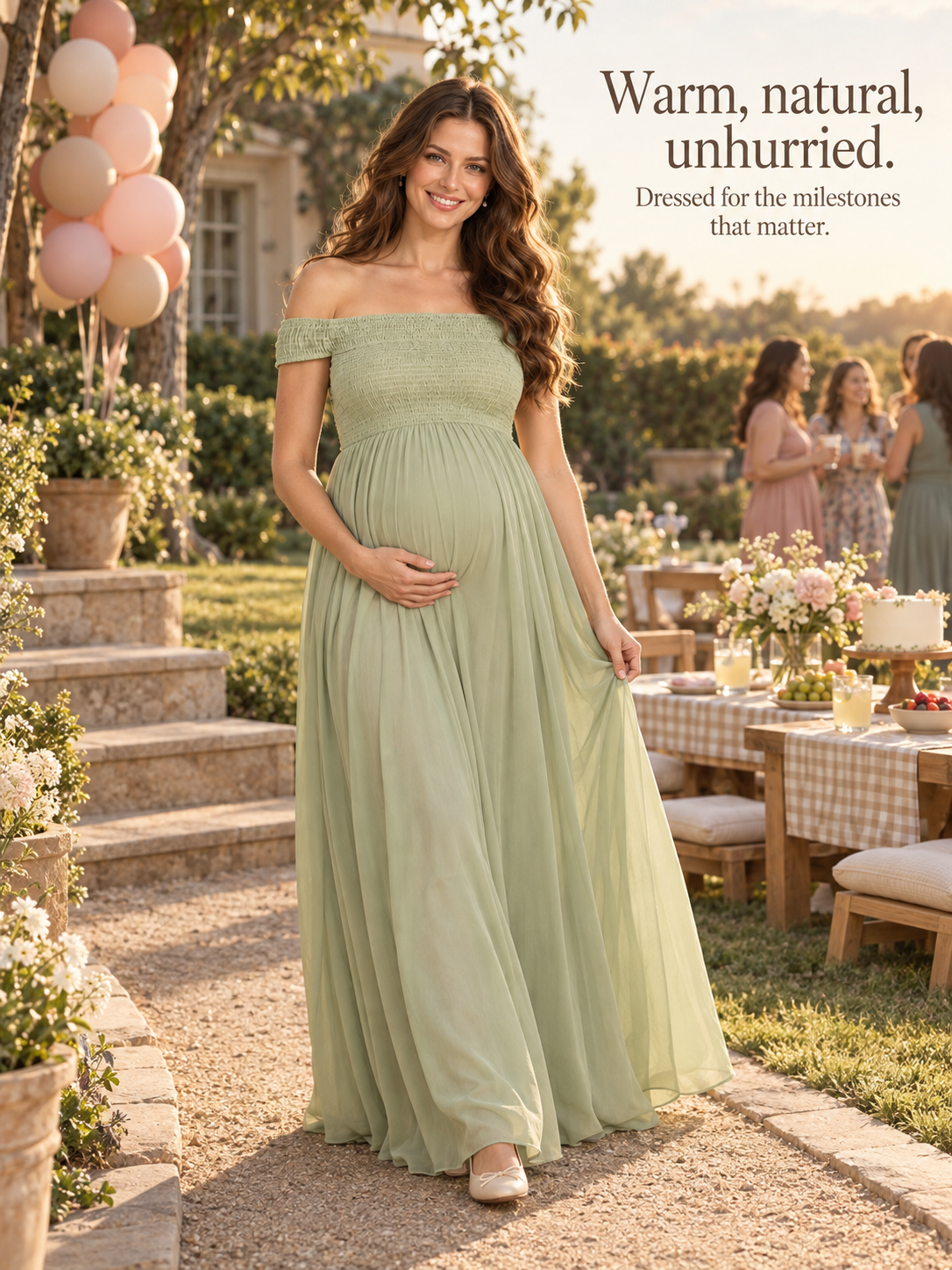 Iris Sage Green maternity dress — BabyShowerDress brand story at a garden celebration