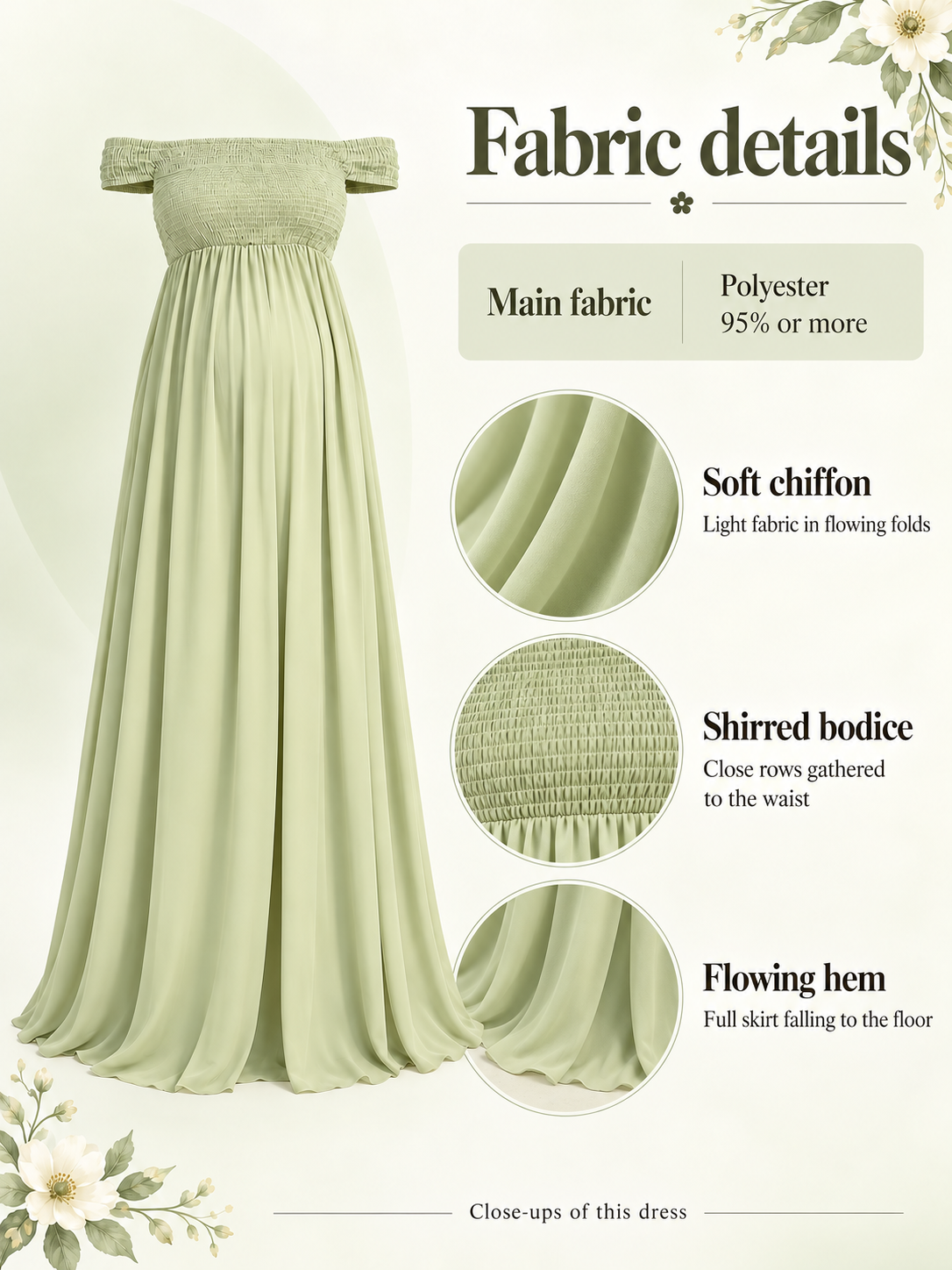 Iris Sage Green maternity dress — material guide showing fine shirring and flowing chiffon