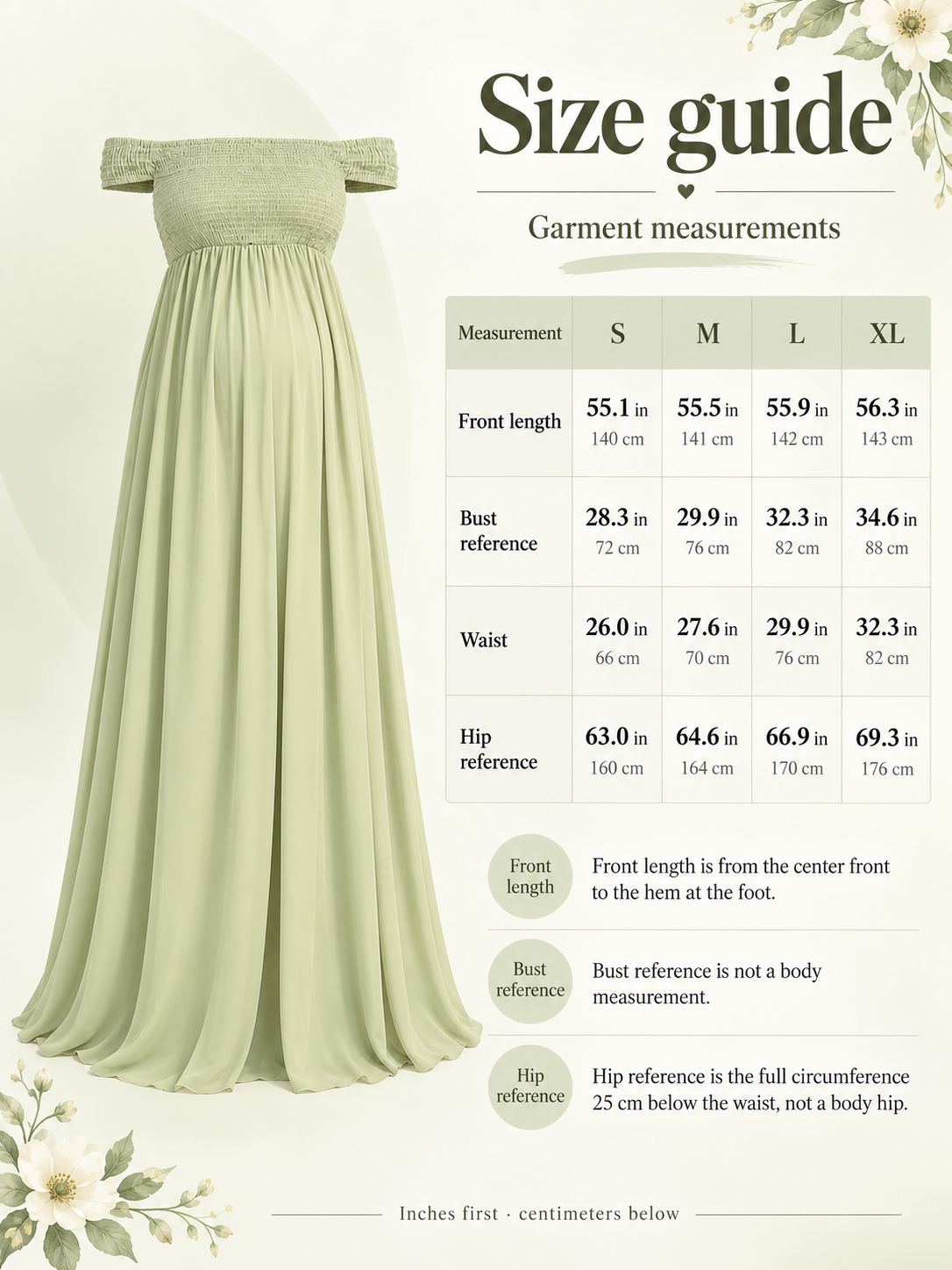 Iris Sage Green maternity dress — size guide with S to XL garment measurements in inches and centimeters