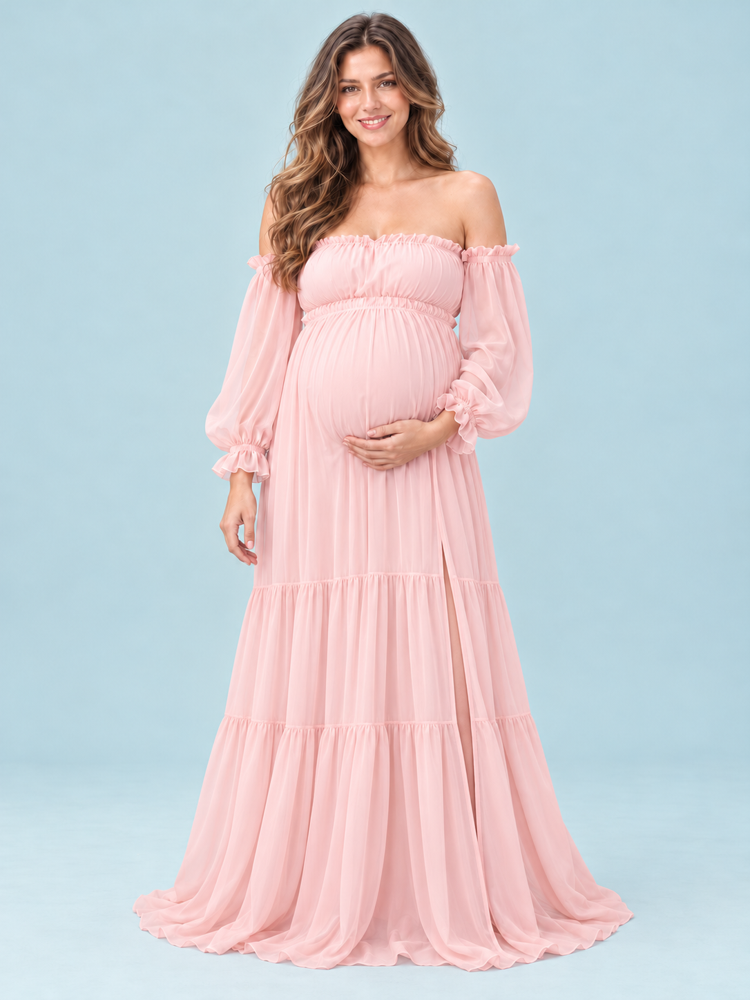 Evelisse Blush Pink maternity dress — front view with off-shoulder neckline and tiered chiffon maxi skirt