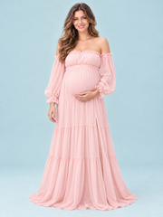 Evelisse Blush Pink maternity dress — front view with off-shoulder neckline and tiered chiffon maxi skirt