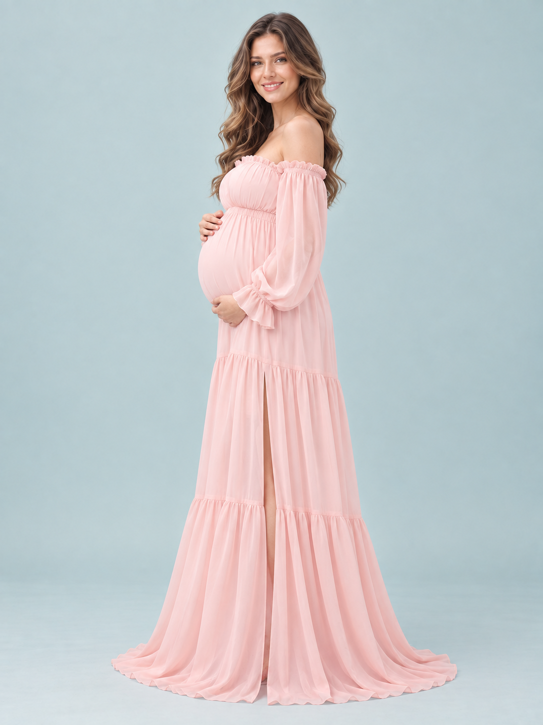 Evelisse Blush Pink maternity dress — side view of the shirred high waist, bump and high slit