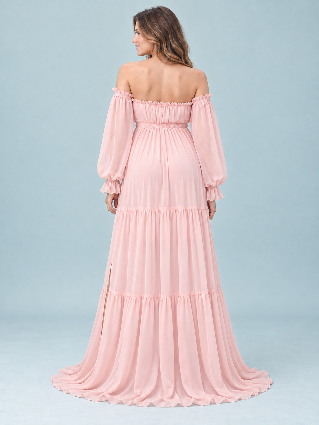 Evelisse Blush Pink maternity dress — back view of the off-shoulder line and tiered skirt