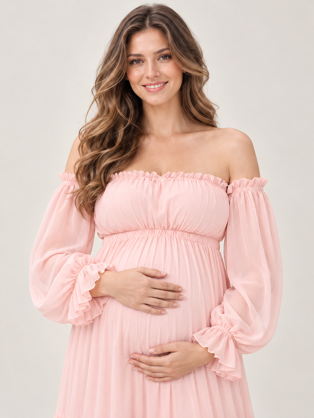 Evelisse Blush Pink maternity dress — off-shoulder ruffle neckline and shirred bodice close-up
