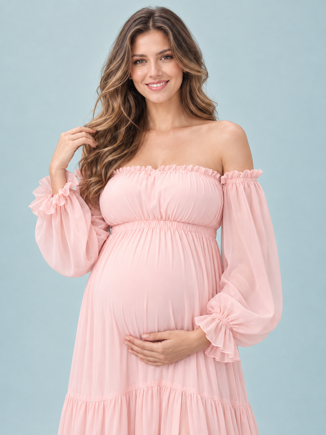 Evelisse Blush Pink maternity dress — sheer balloon sleeve and ruffle cuff detail
