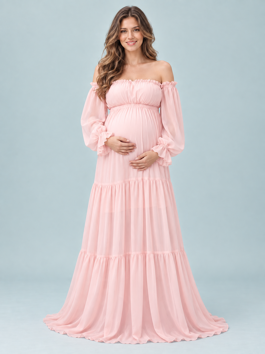 Evelisse Blush Pink maternity dress — tiered chiffon skirt widening toward the floor