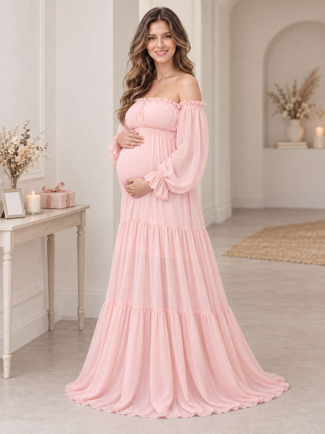 Evelisse Blush Pink maternity dress — maternity keepsake portrait in a softly lit room