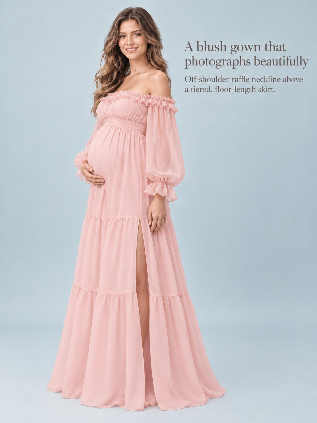 Evelisse Blush Pink maternity dress — three-quarter silhouette with the high slit in soft light