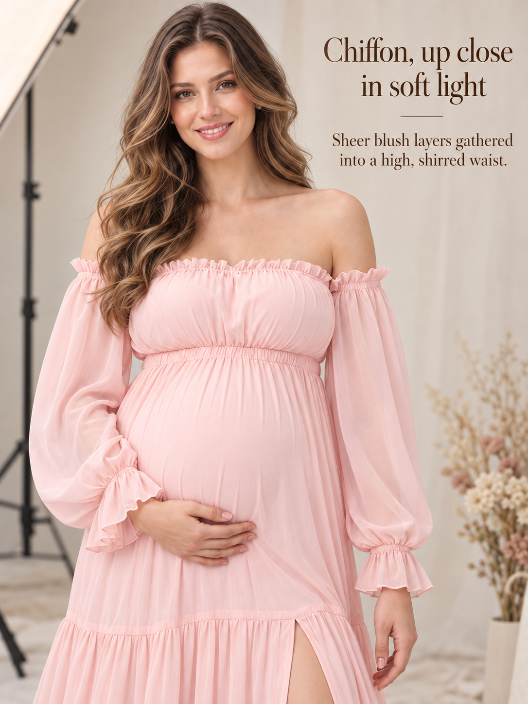 Evelisse Blush Pink maternity dress — light chiffon and shirred waist in soft light