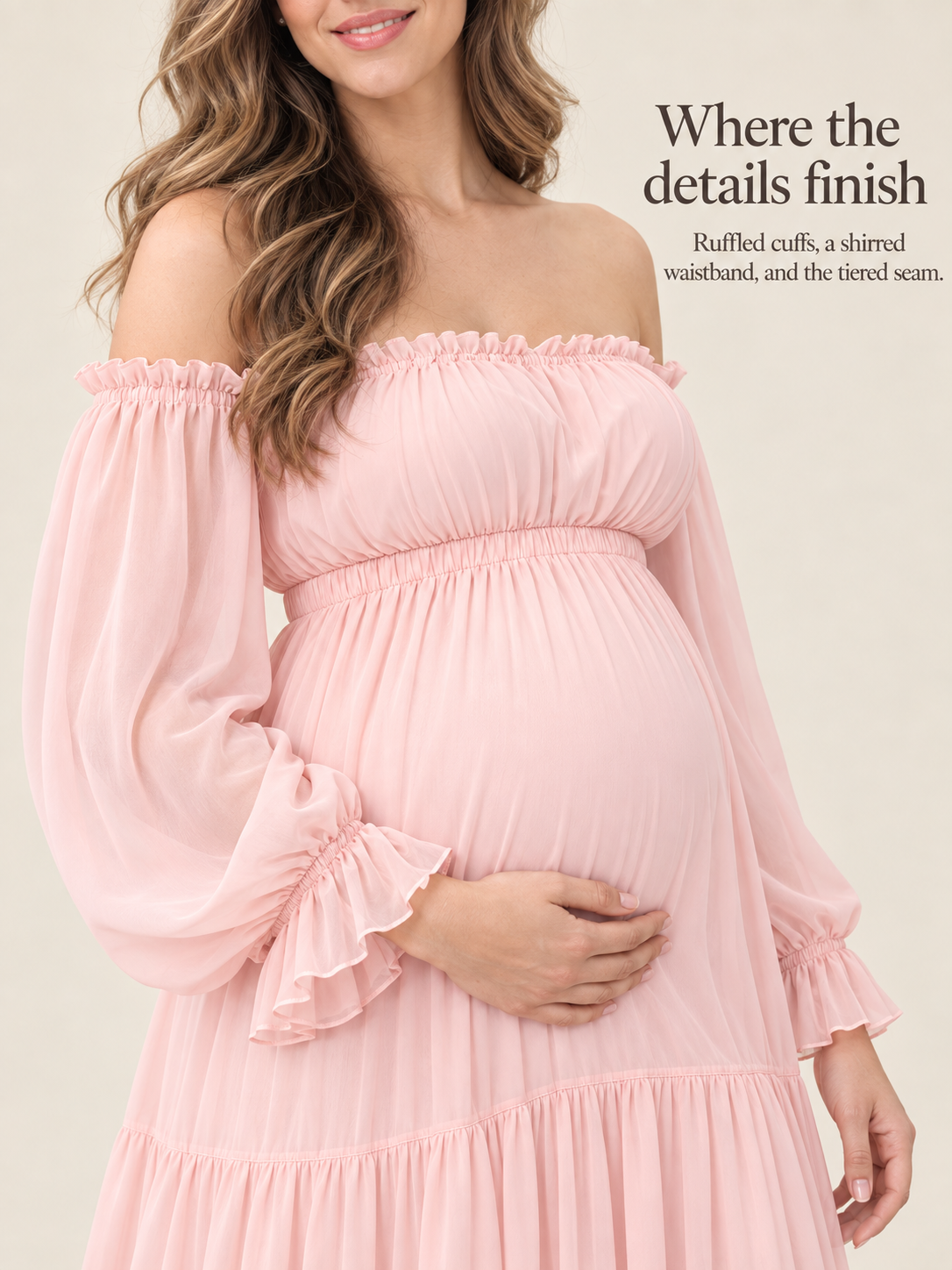 Evelisse Blush Pink maternity dress — ruffle cuff, shirred waistband and tier seam detail
