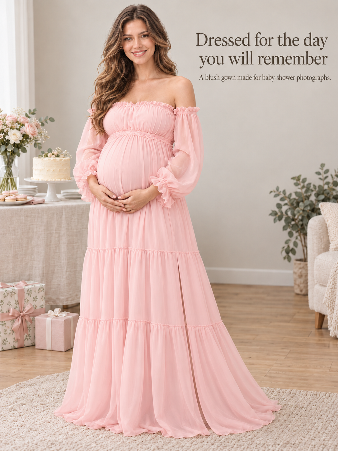 Evelisse Blush Pink maternity dress — baby shower styling with gifts and flowers