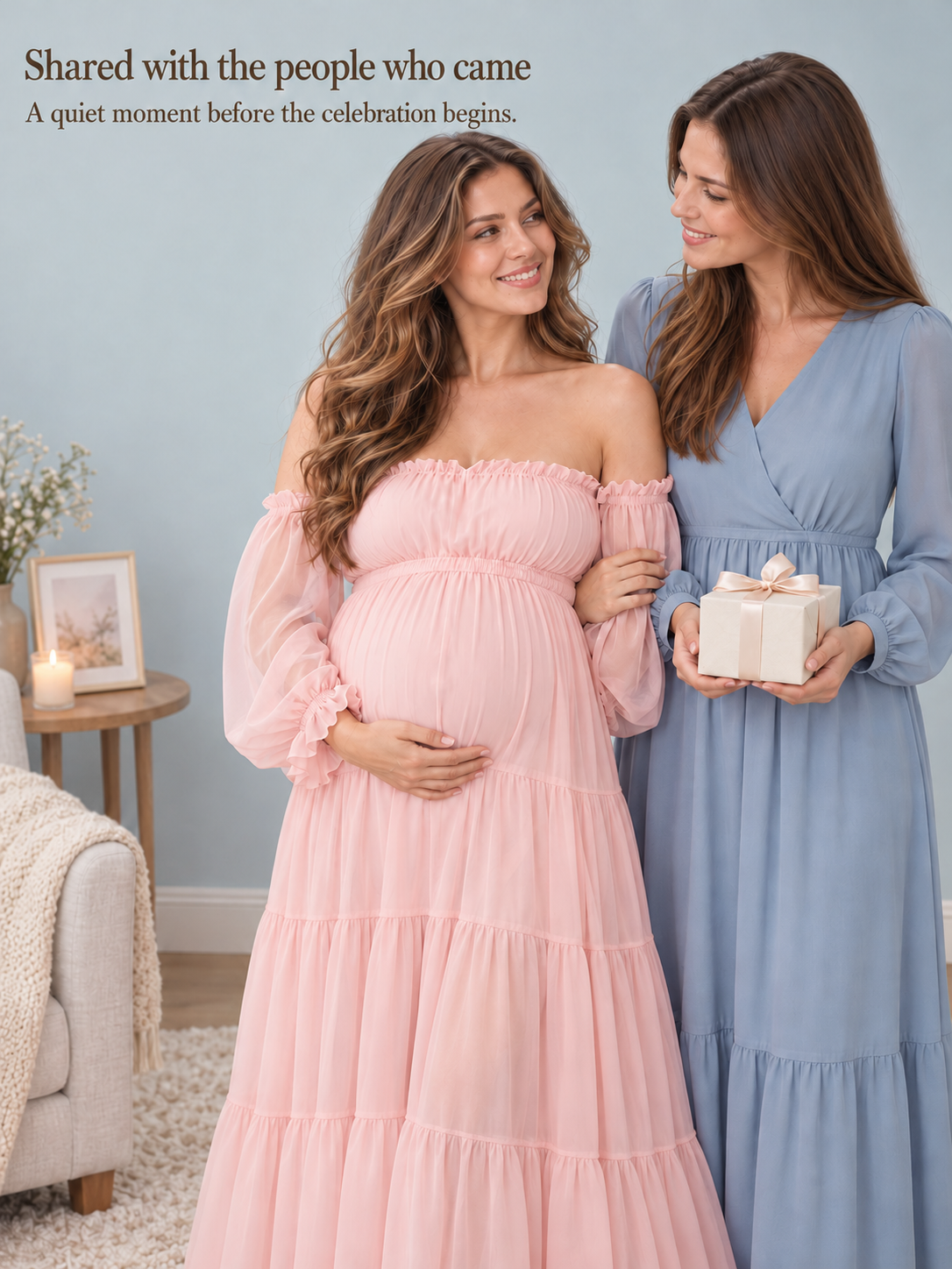 Evelisse Blush Pink maternity dress — sharing a quiet moment with a loved one