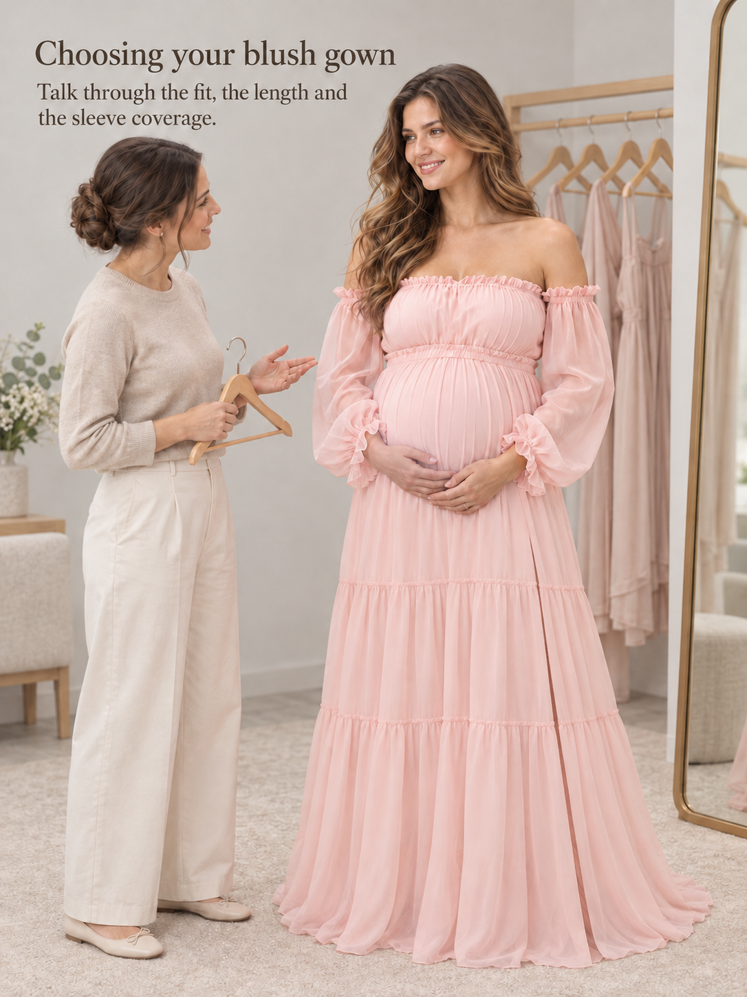 Evelisse Blush Pink maternity dress — talking through fit and length with a stylist