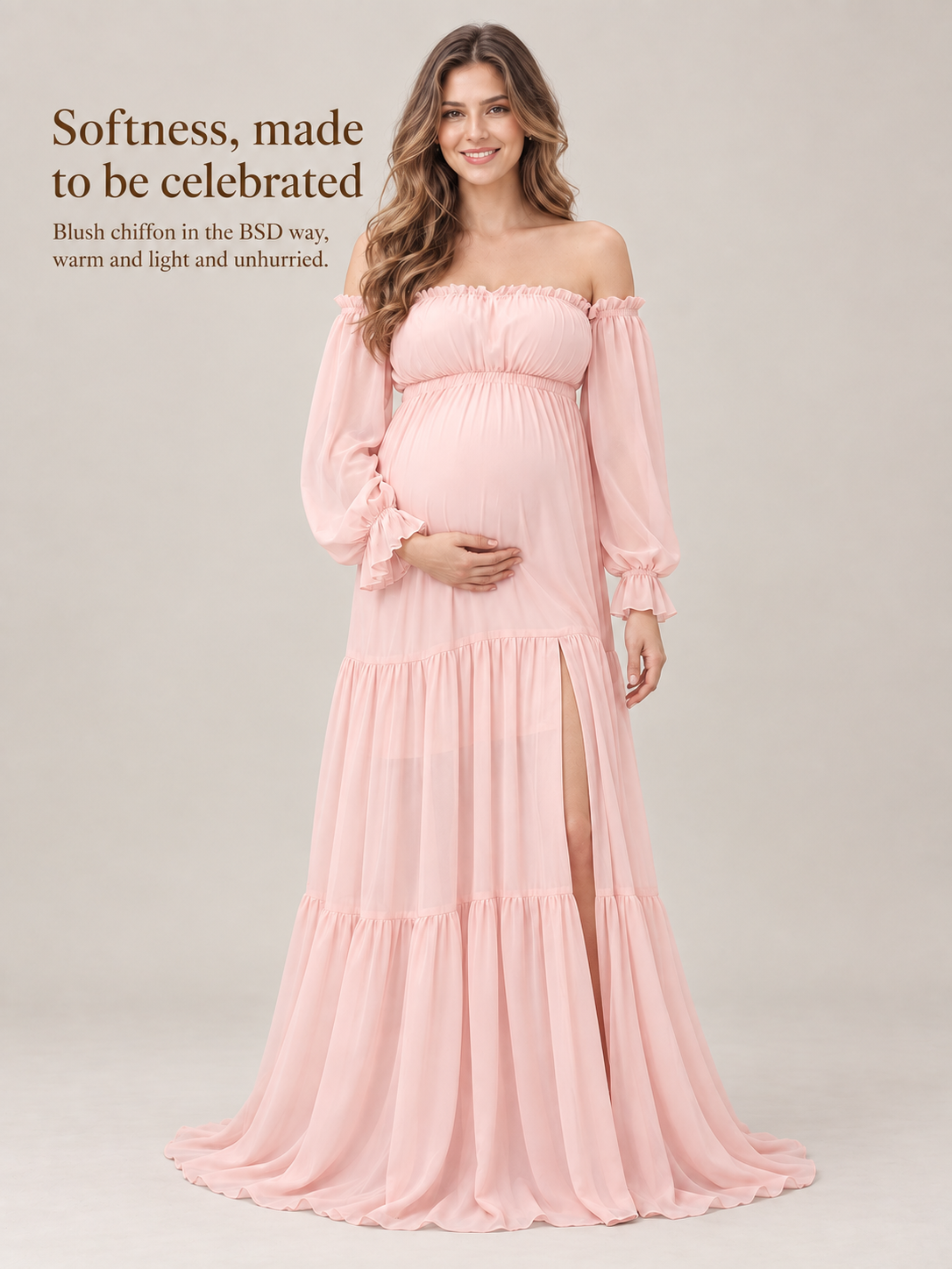 Evelisse Blush Pink maternity dress — BabyShowerDress brand story with the high slit