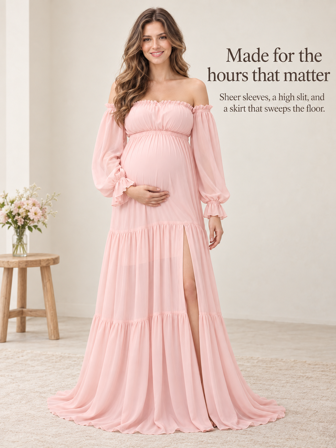 Evelisse Blush Pink maternity dress — full-length view with sheer sleeves and high slit