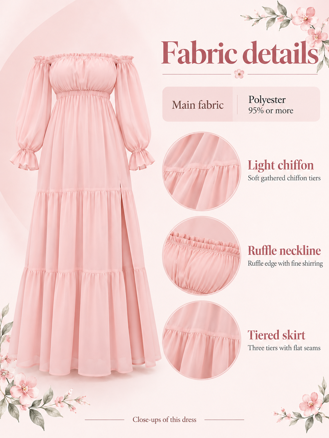 Evelisse Blush Pink maternity dress — material guide showing the light chiffon, shirring, ruffle cuff and tiers