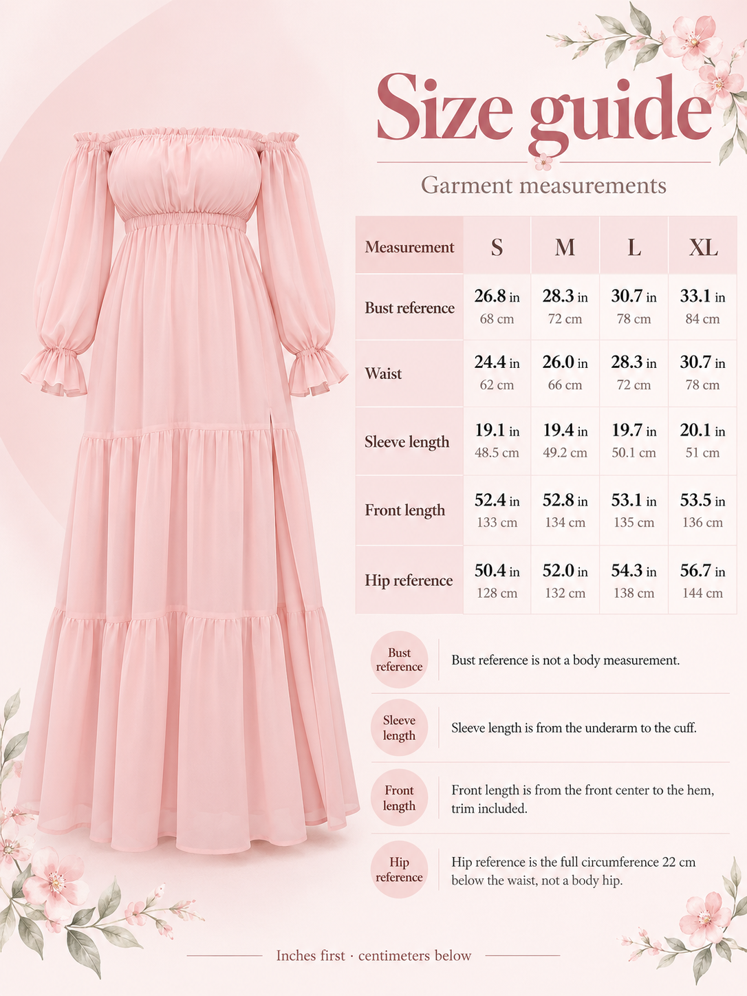 Evelisse Blush Pink maternity dress — size guide with S to XL garment measurements in inches and centimeters
