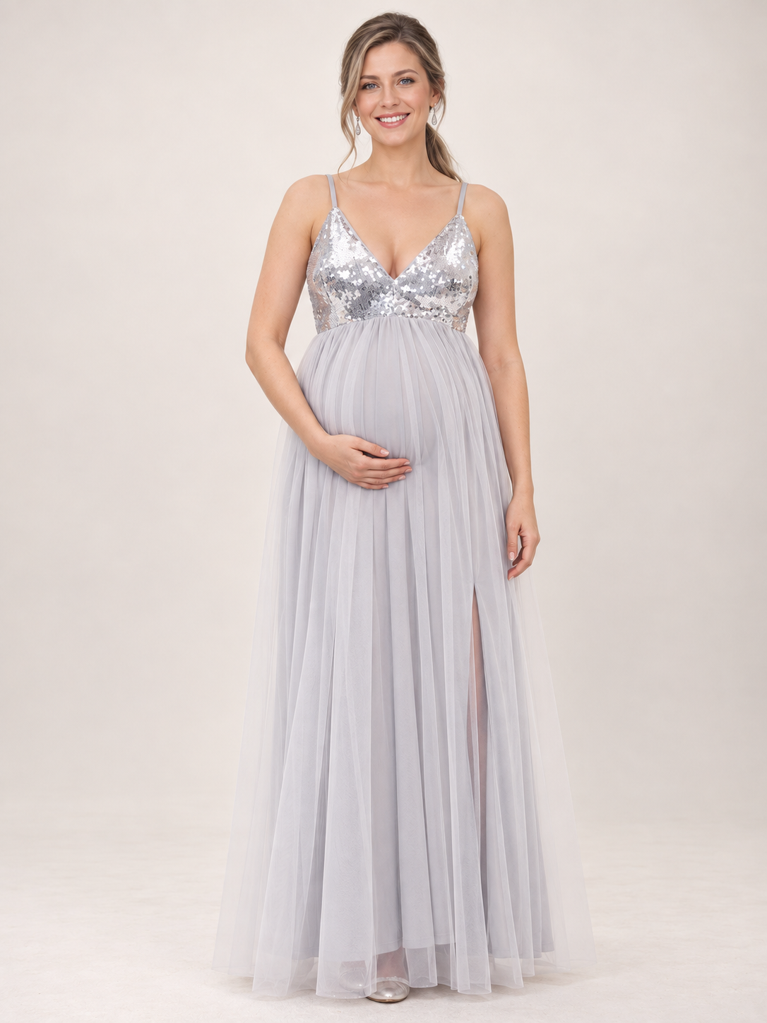 Solenne Gray maternity dress — front view