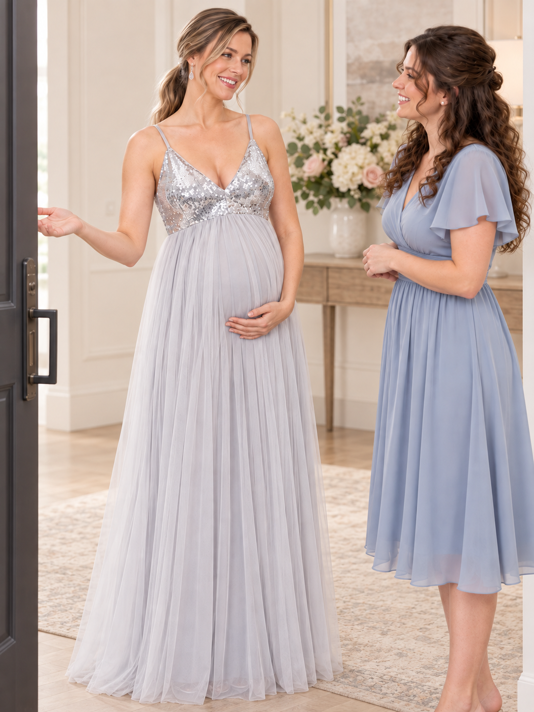 Solenne Gray maternity dress — celebration arrival