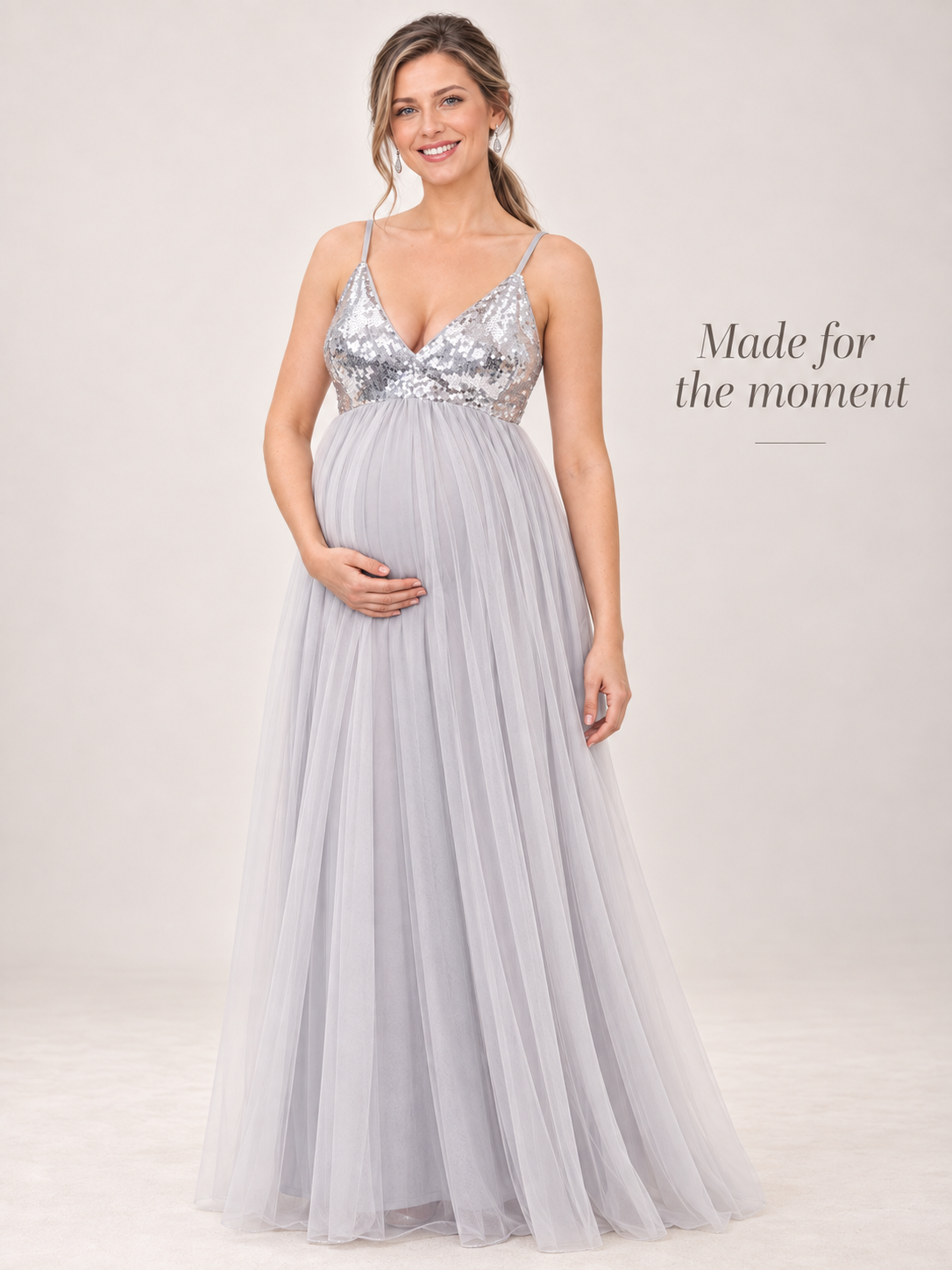 Solenne Gray maternity dress — full dress silhouette