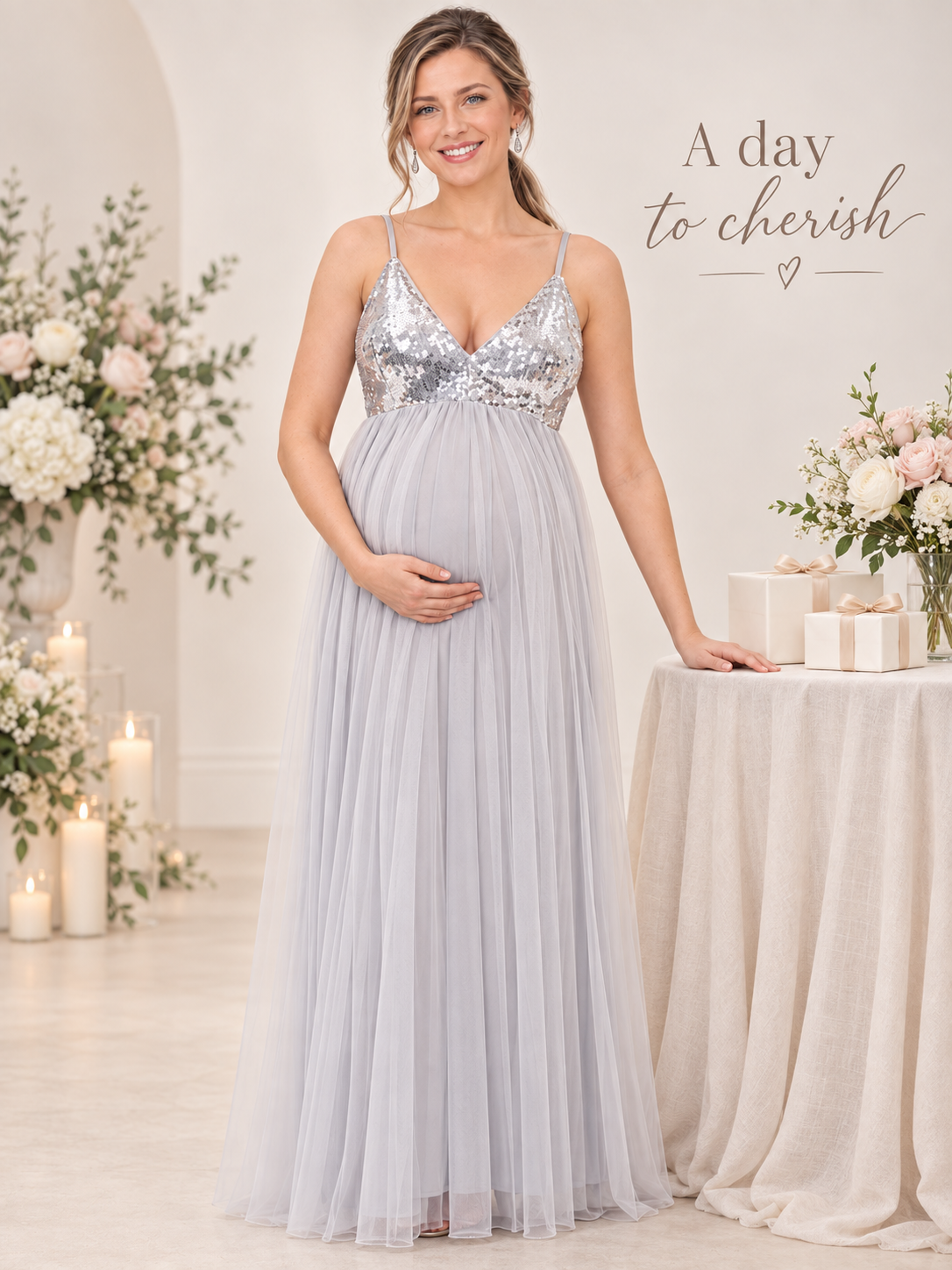 Solenne Gray maternity dress — occasion styling