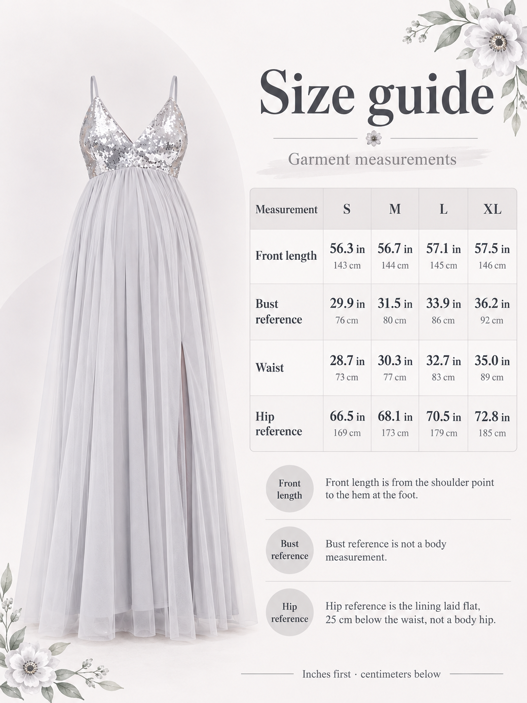 Size guide for the Solenne Gray maternity dress, S to XL garment measurements in inches and centimeters