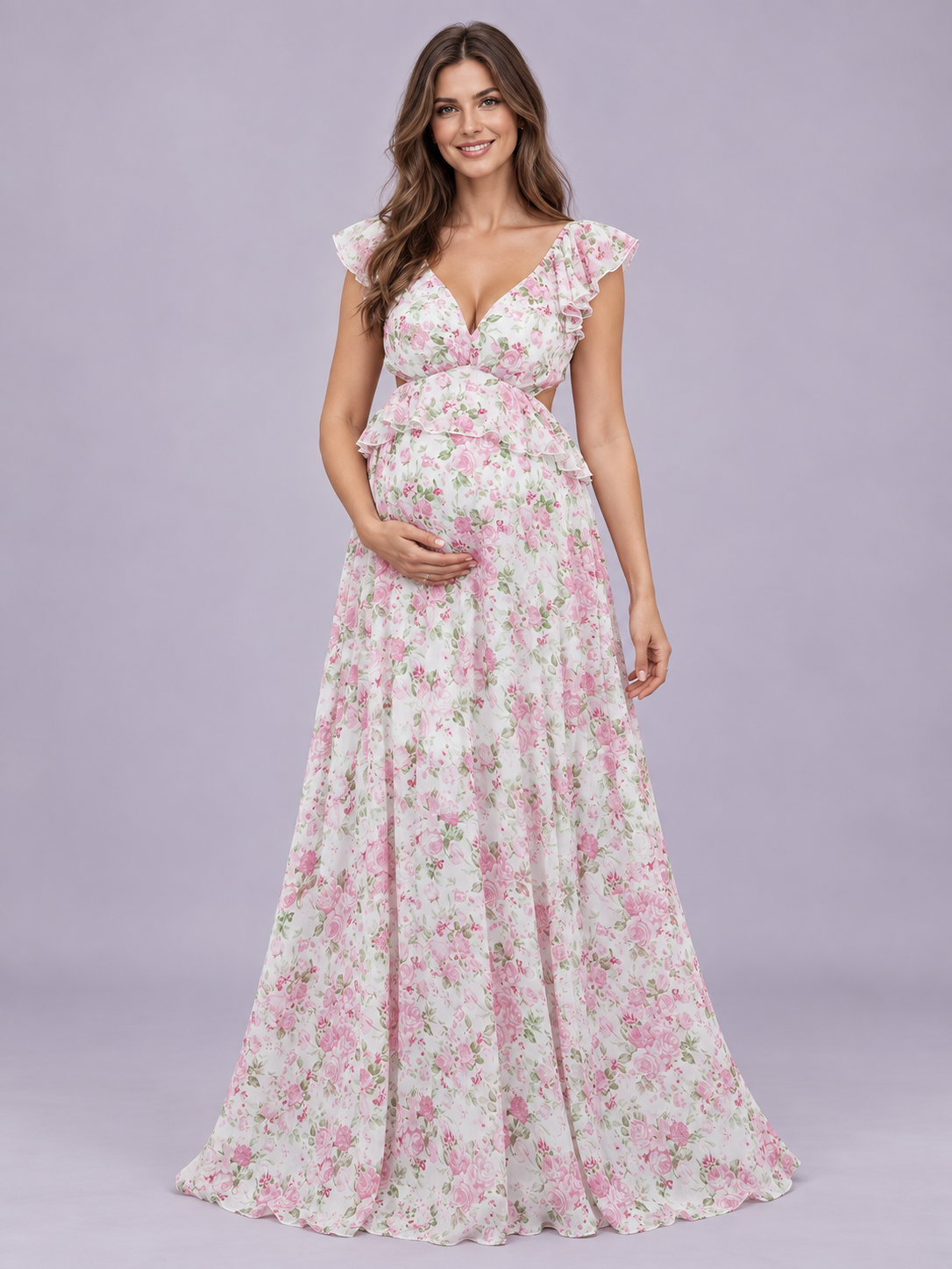 Dahlia Pink Floral maternity dress — front view with deep V neckline, flutter sleeves and floral maxi skirt