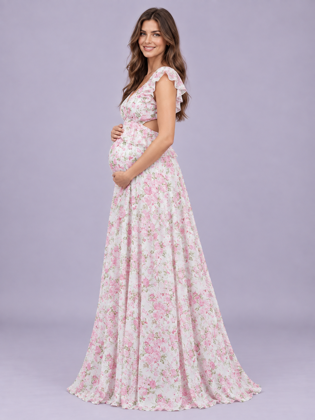 Dahlia Pink Floral maternity dress — side view of the waist cutout and bump