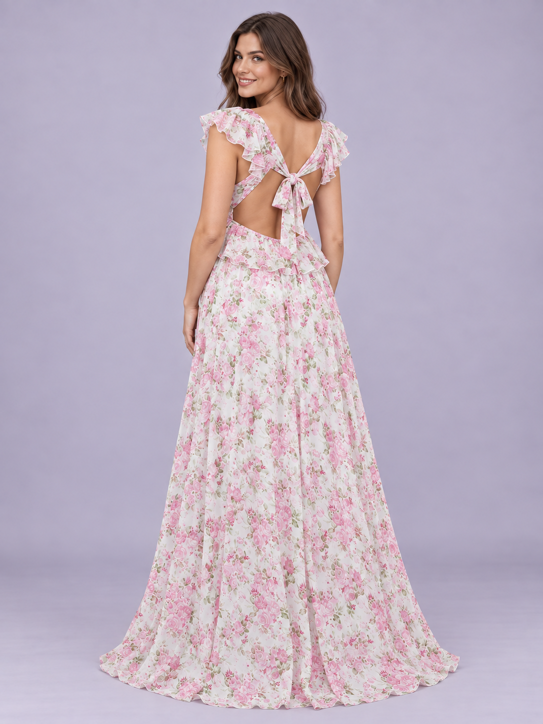 Dahlia Pink Floral maternity dress — back view of the open back and tie bow