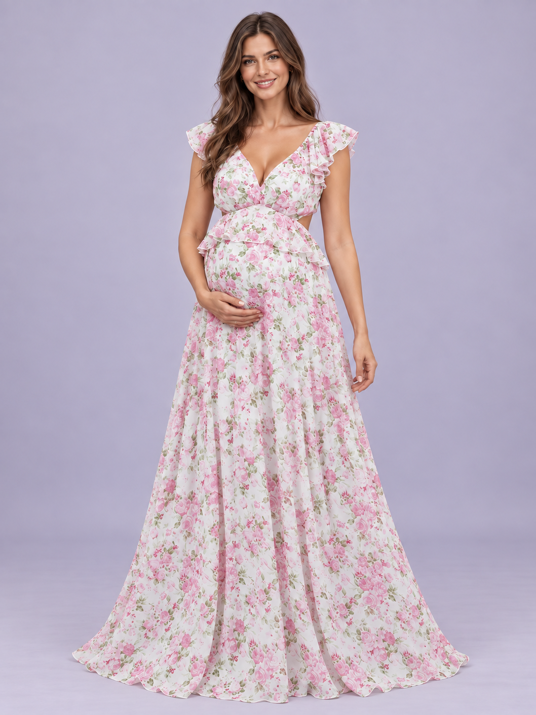 Dahlia Pink Floral maternity dress — full floral skirt falling to the floor