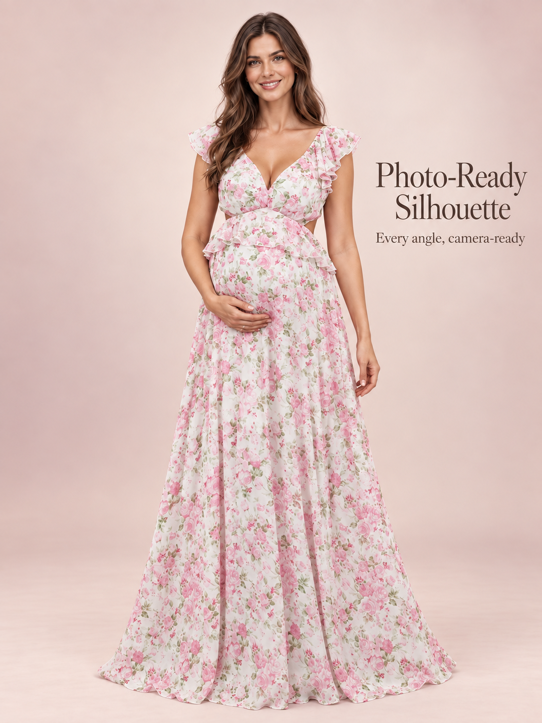 Dahlia Pink Floral maternity dress — full floral silhouette in a studio