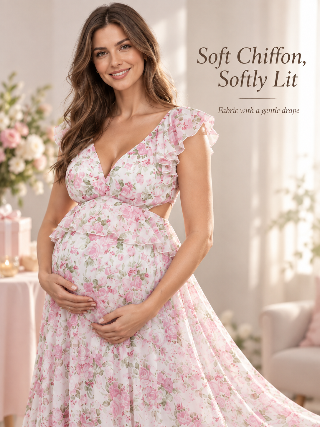 Dahlia Pink Floral maternity dress — rose-print chiffon in soft light