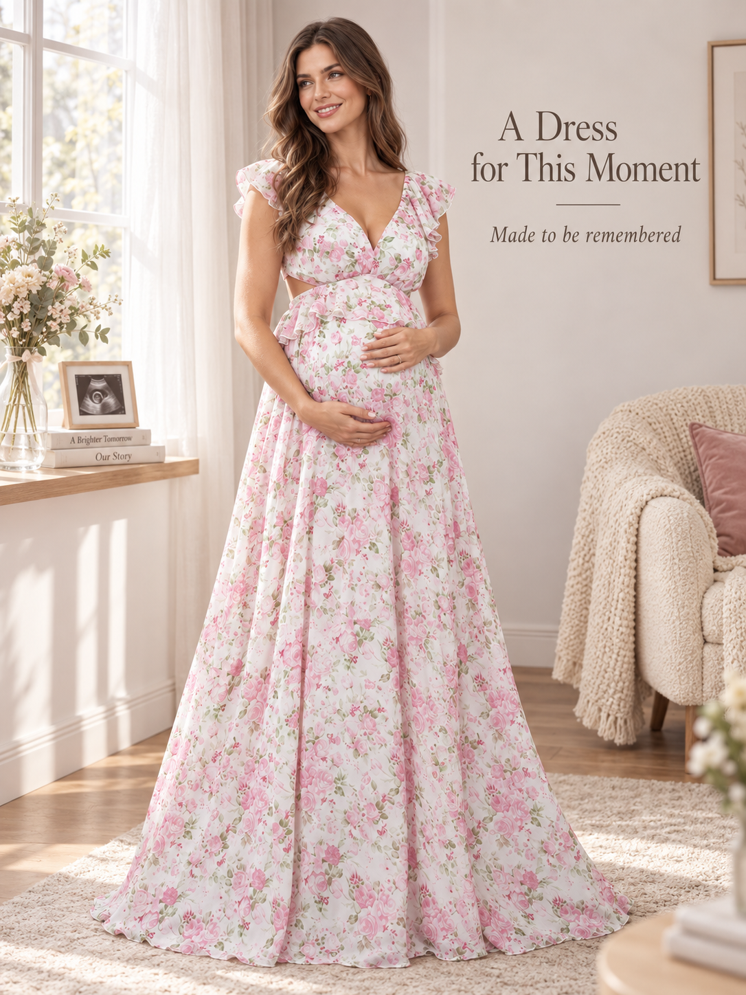Dahlia Pink Floral maternity dress — maternity portrait in a softly lit room