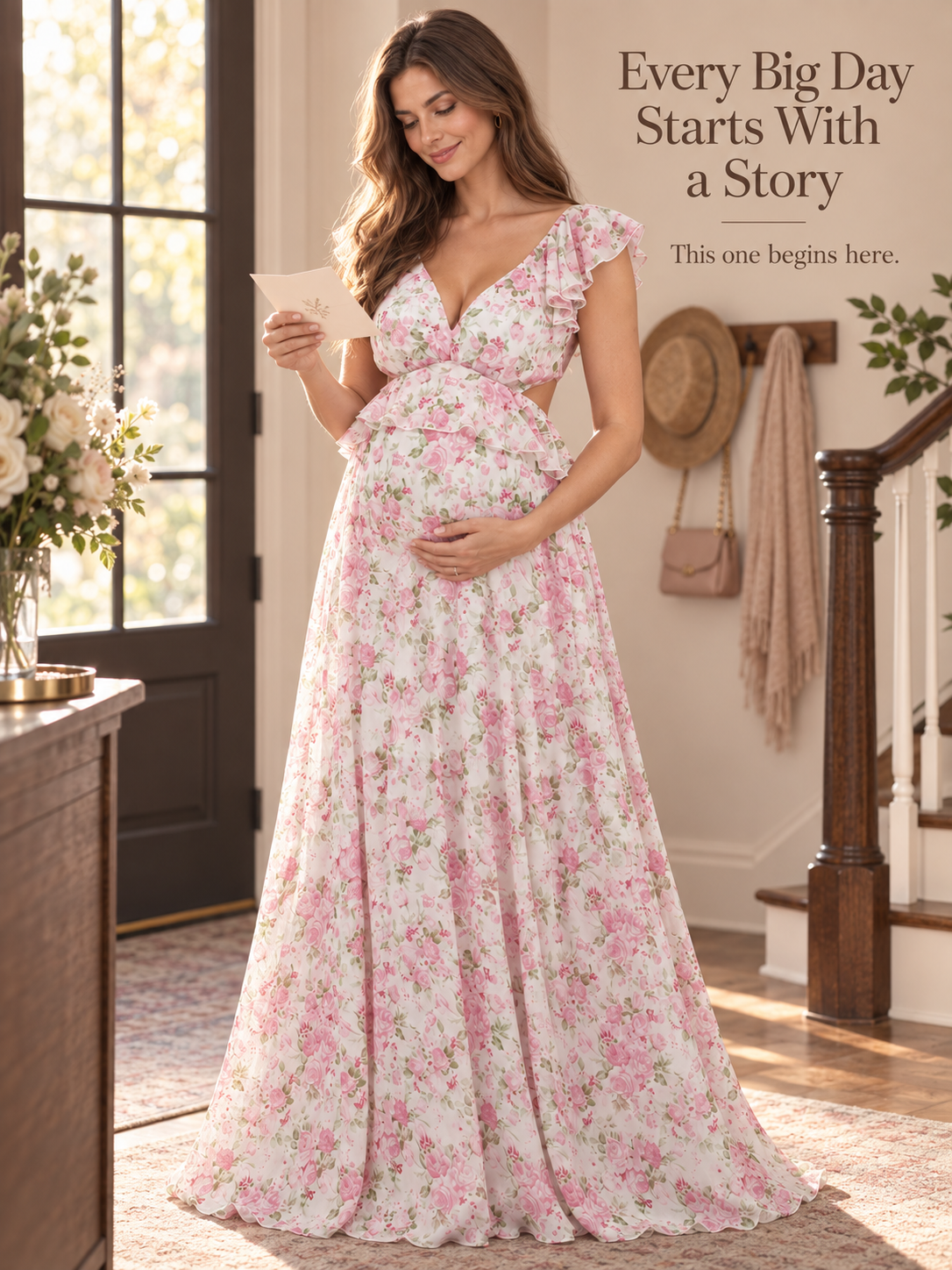 Dahlia Pink Floral maternity dress — reading a card at home before the celebration