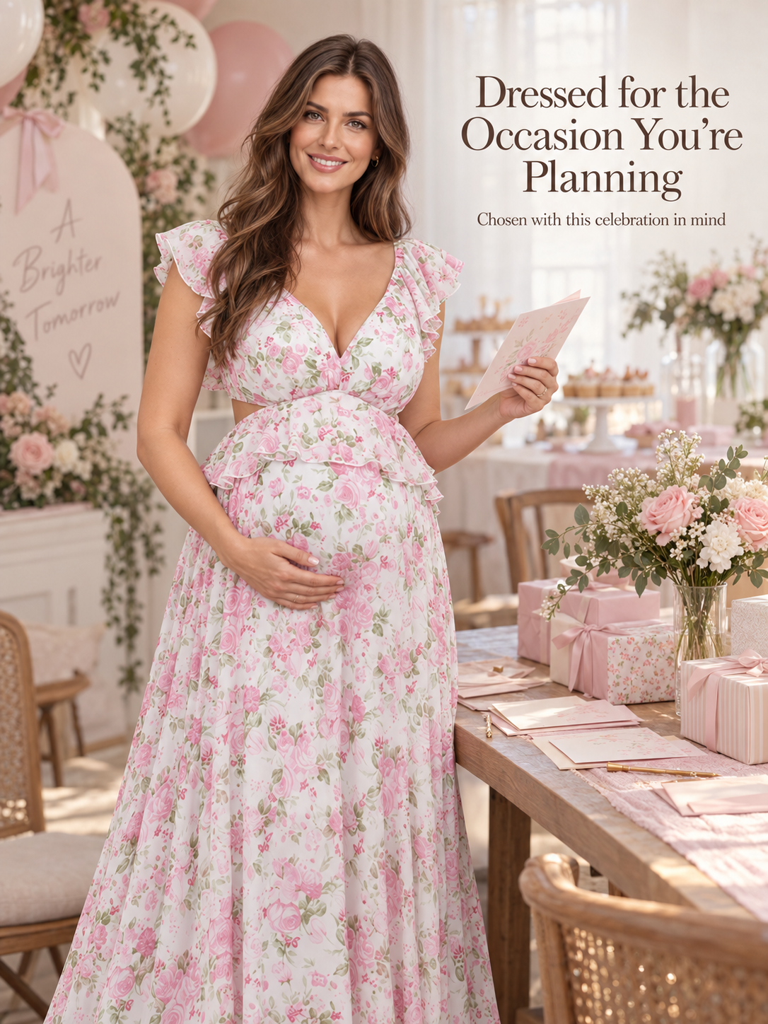 Dahlia Pink Floral maternity dress — holding a card beside a table set for the party