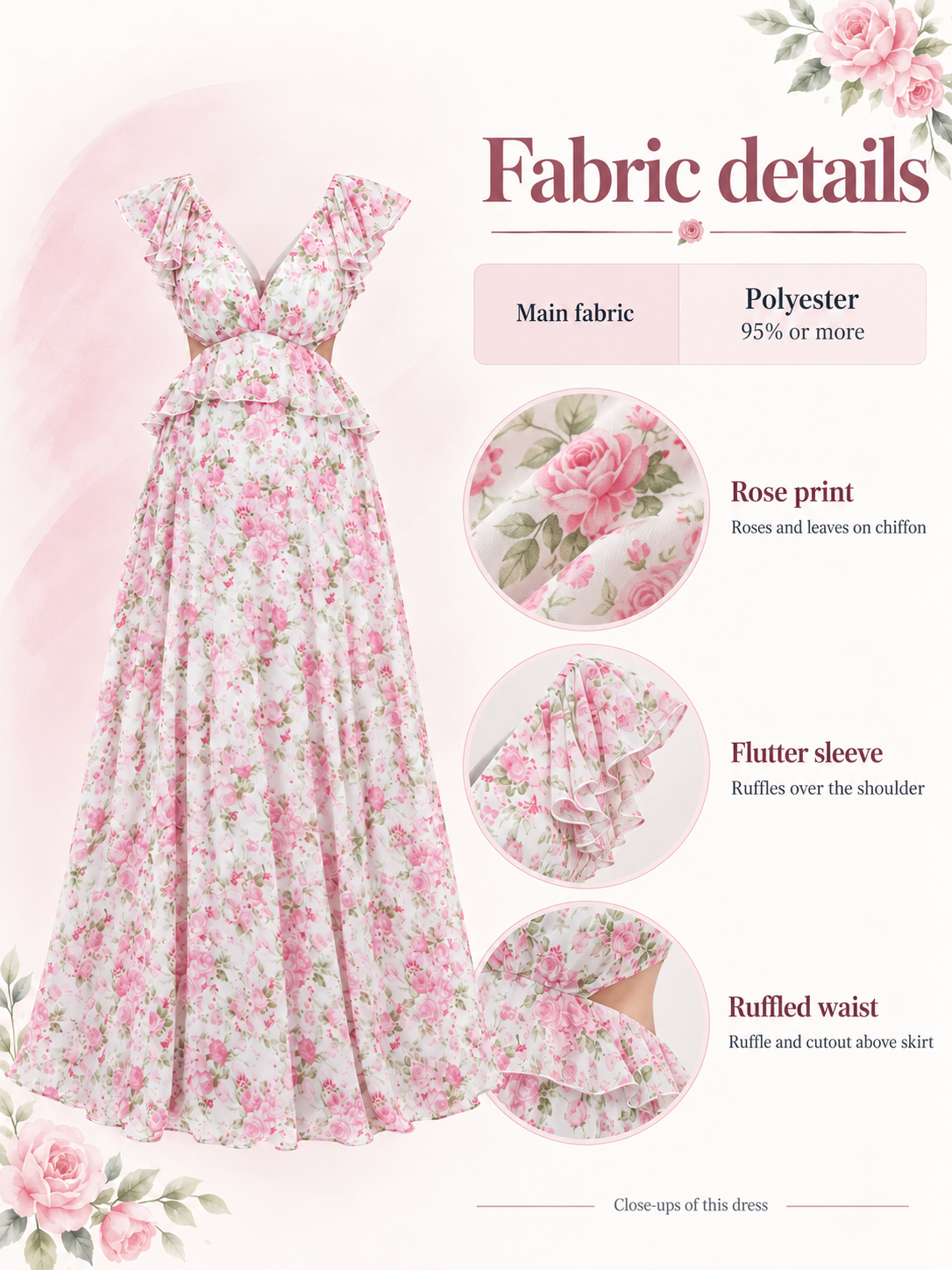 Dahlia Pink Floral maternity dress — material guide showing the rose print, ruffles and waist cutouts